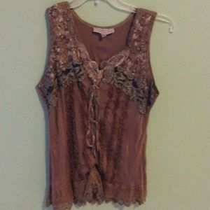 Pretty Angel boho baby doll lace tank w/ floral & ruffle design, ties in front.